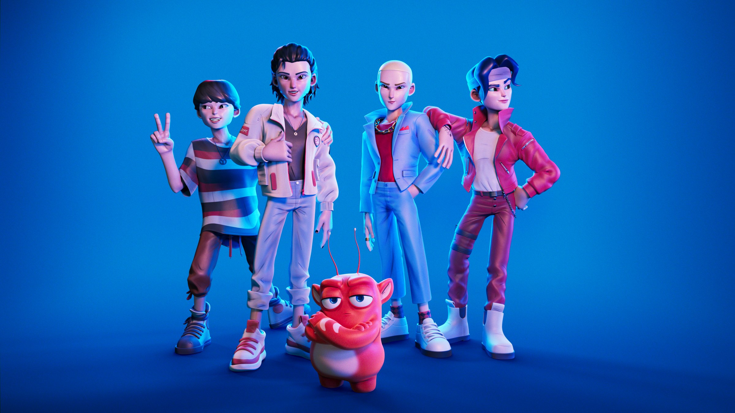 The four members of EXE in streetwear, posing with Gorbit, their small, grumpy red alien prince, against a blue backdrop
