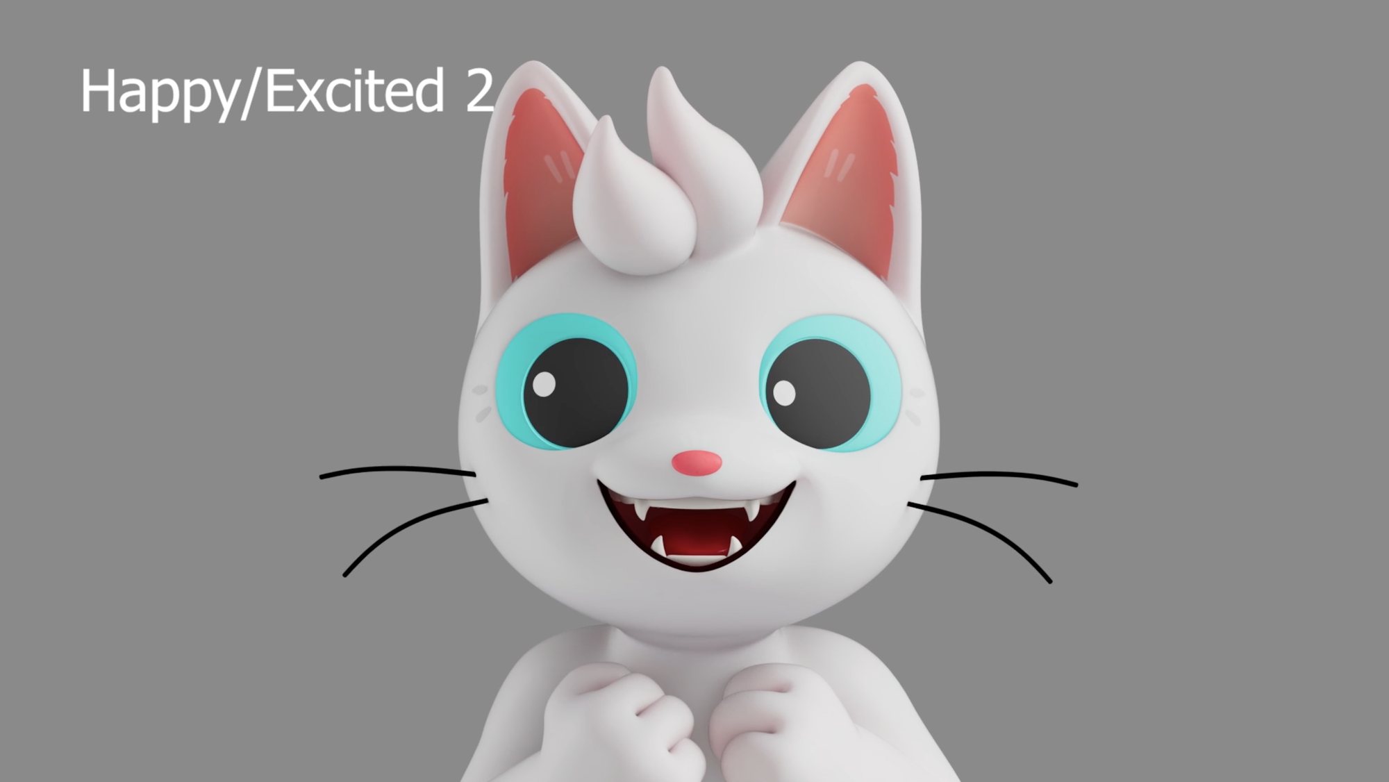 Character test of Mew, a white kitten with turquoise eyes, grinning with paws clasped: 
