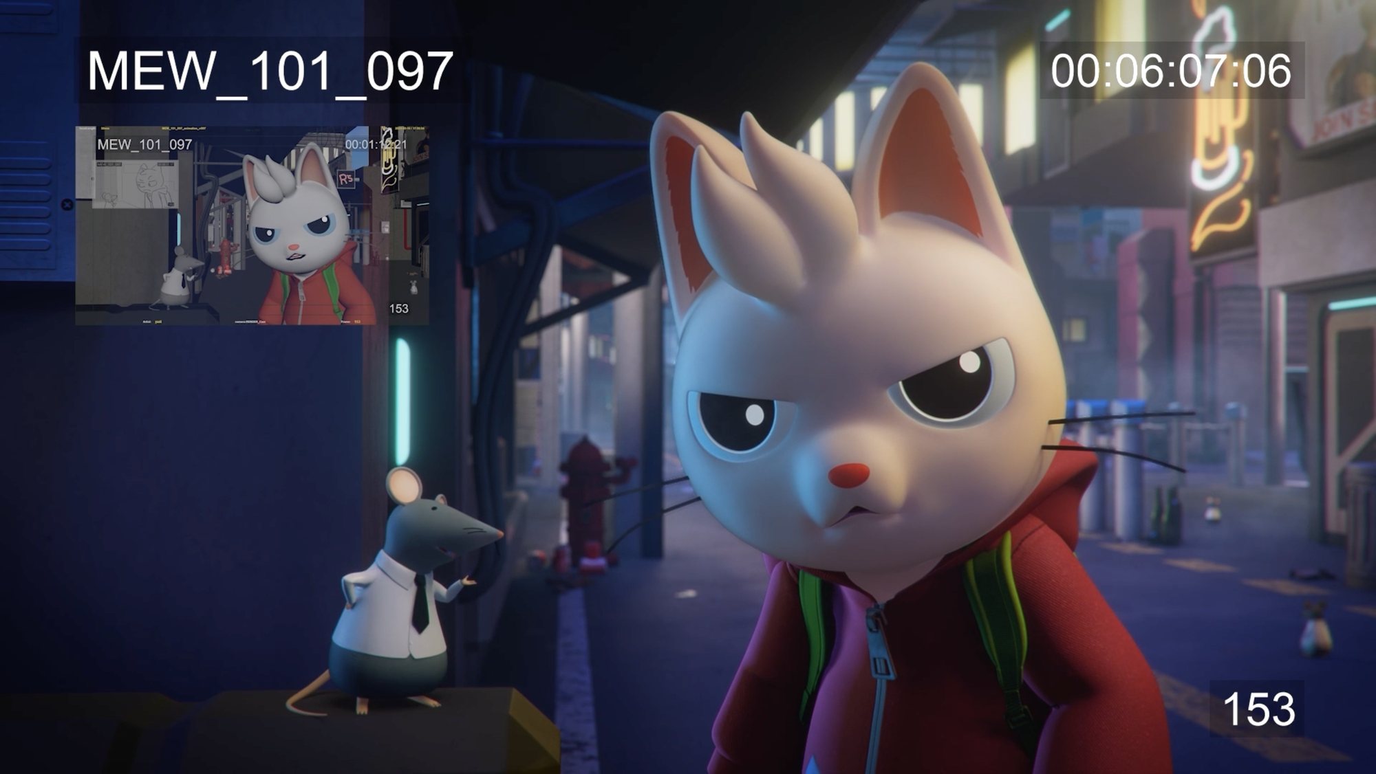 Finished frame from episode 101: Mew glares in a neon-lit alley while a rat in a shirt and tie gestures, with the animation pass inset