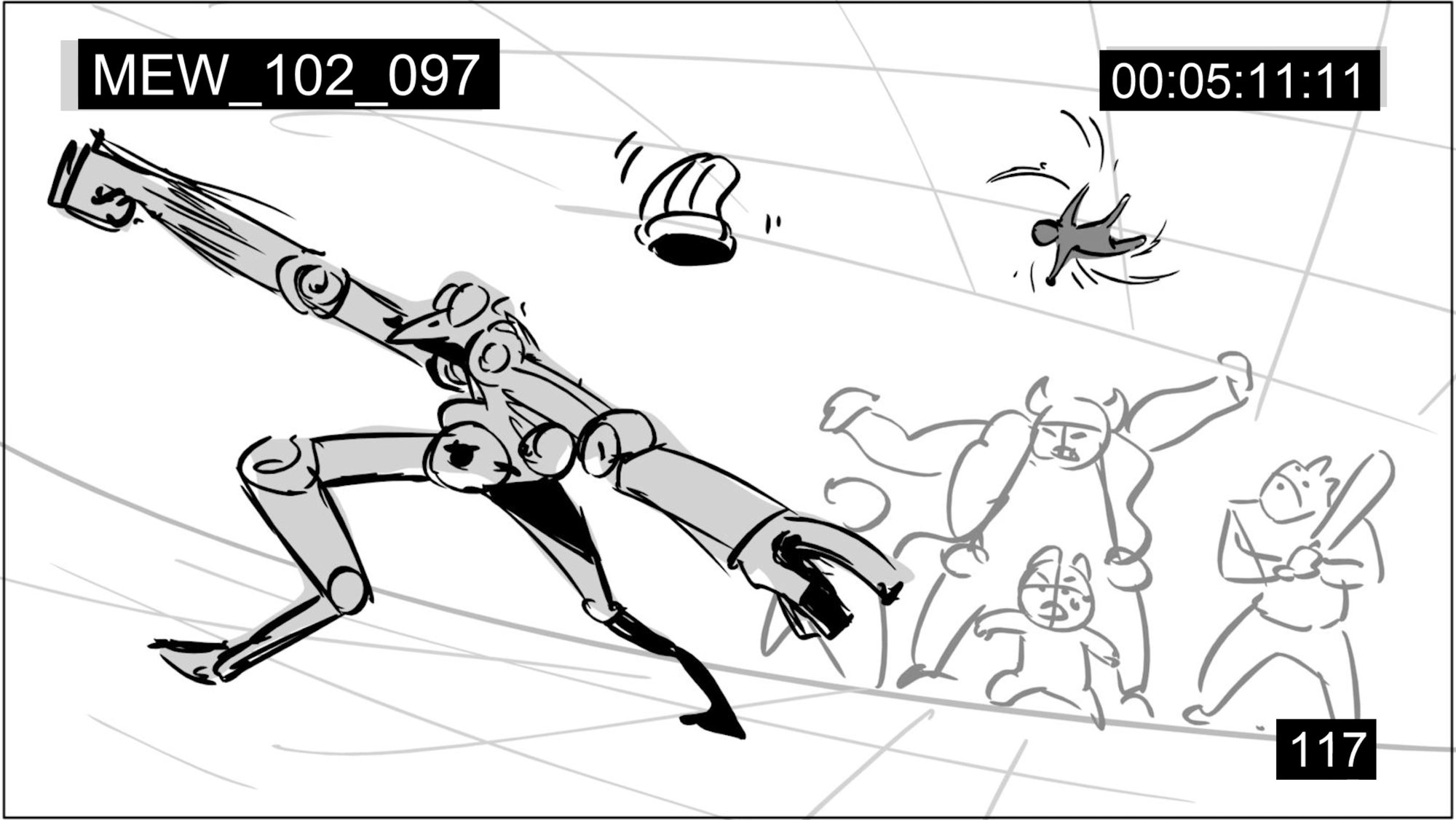 Storyboard frame from episode 102: a lanky figure lunges forward as a cap and a small figure fly through the air, with a gang of animal characters behind