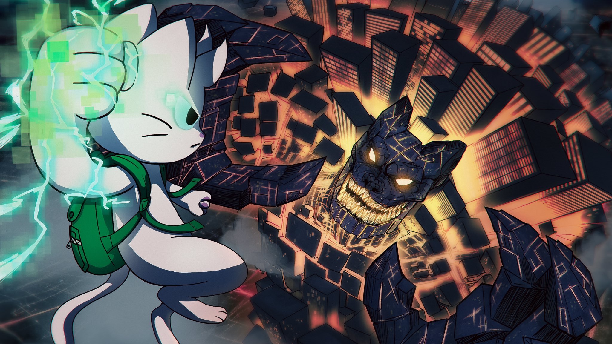 Mew artwork: the white kitten Mew, crackling with green energy, faces a giant monster made of city buildings