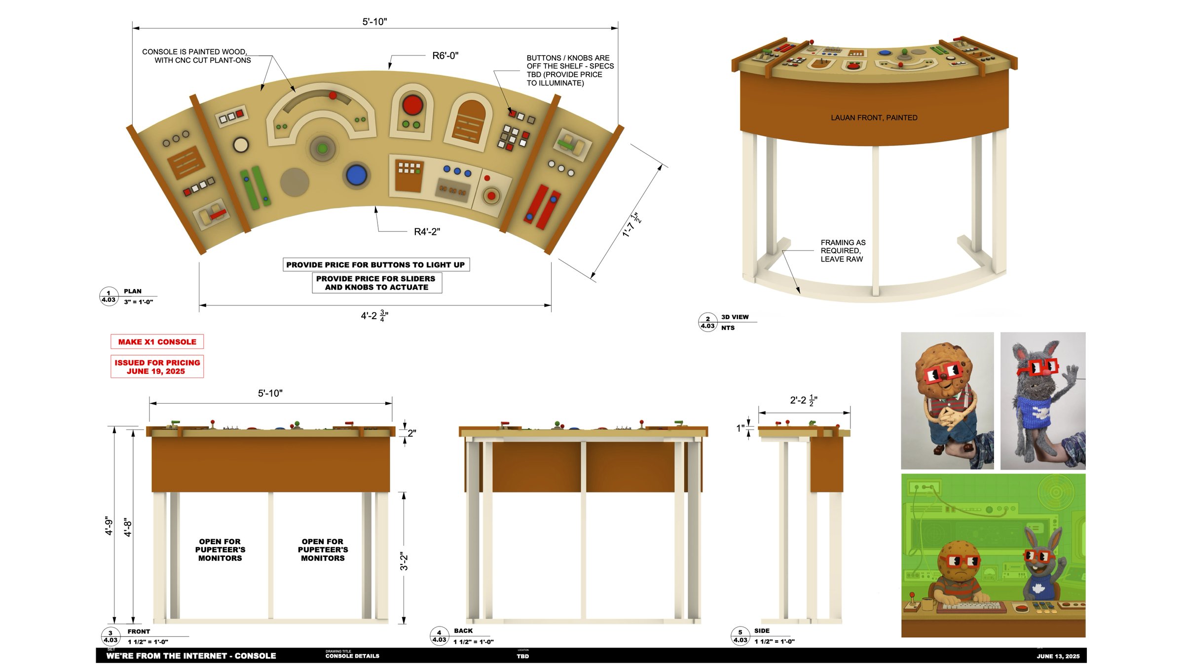 Construction drawing for the show's curved control console, with plan, elevations, a 3D view, puppet photos and a concept frame